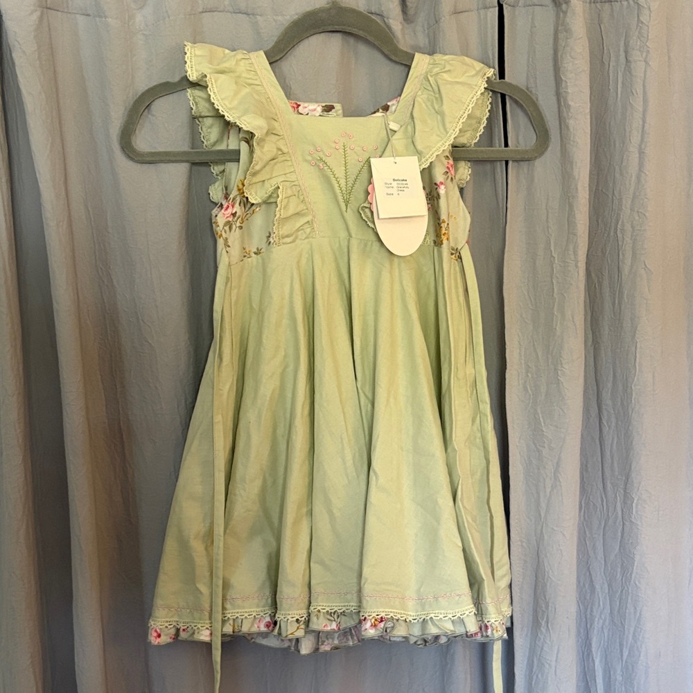 Dollcake Gracefully Dress Light Green Kids Dress with Floral Accents